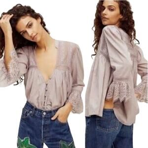 FREE PEOPLE Esme Embroidered Button Down in Lavender Size L New w/ Tag MSRP $128